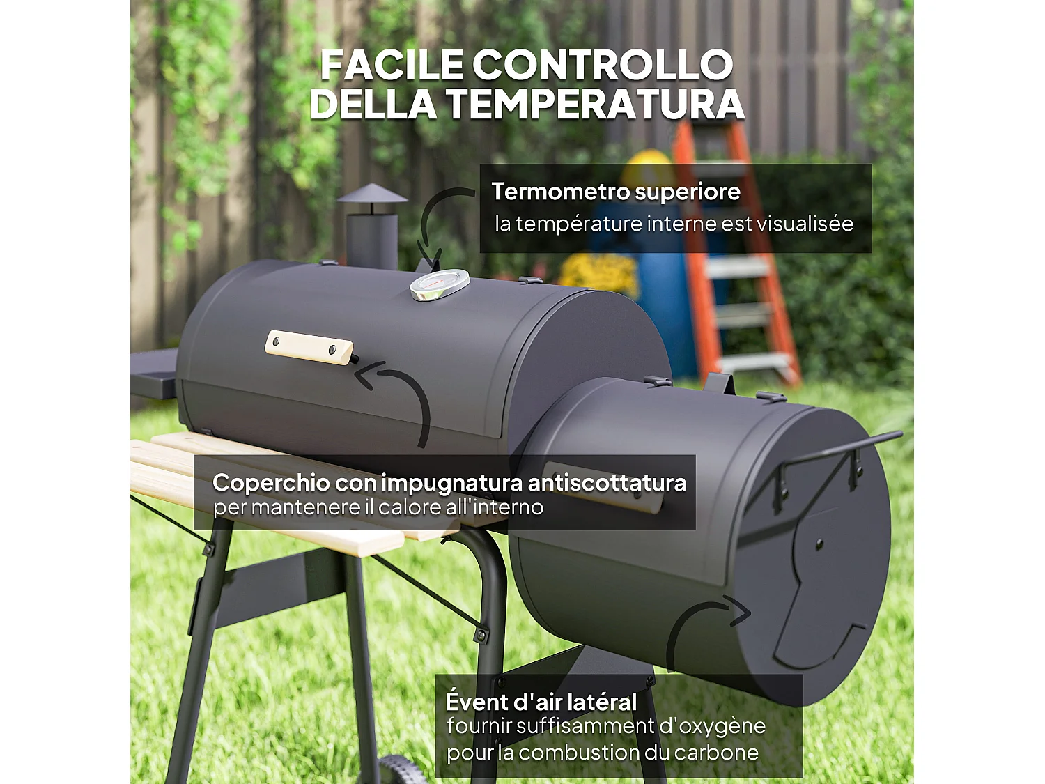 Barbecue a carbone con affumicatore 124x53x104cm nero