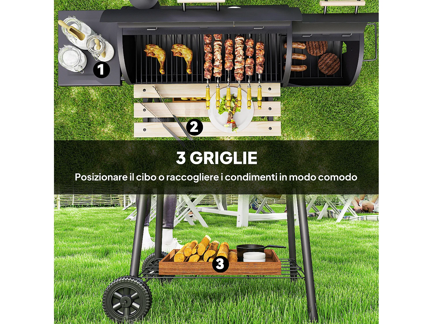 Barbecue a carbone con affumicatore 124x53x104cm nero
