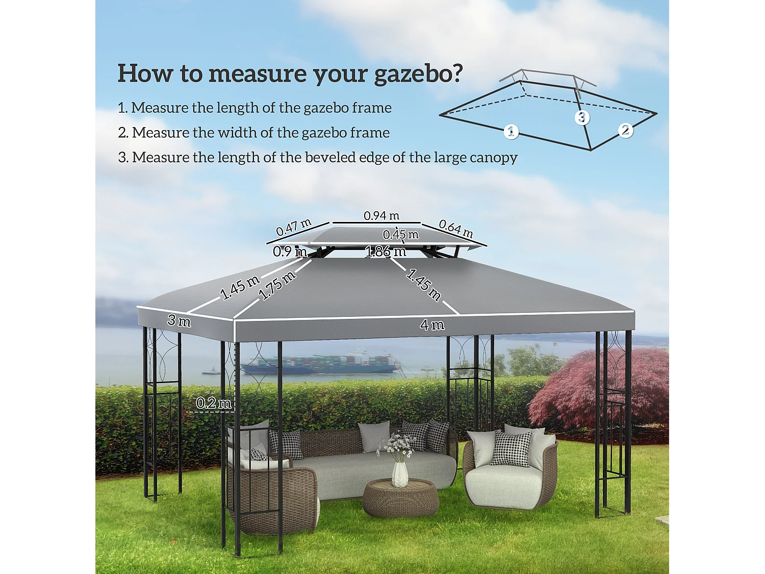Copertura per gazebo 4x3 m a 2 livelli anti uv in poliestere grigio