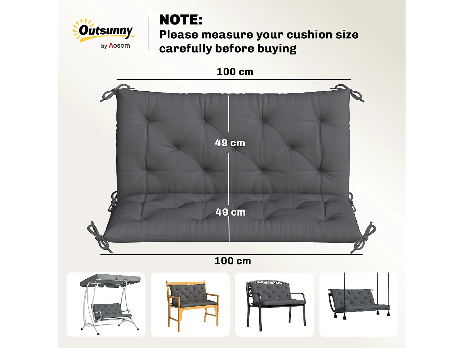 Cuscino da giardino capitonné grigio scuro per 2 persone con 6 lacci