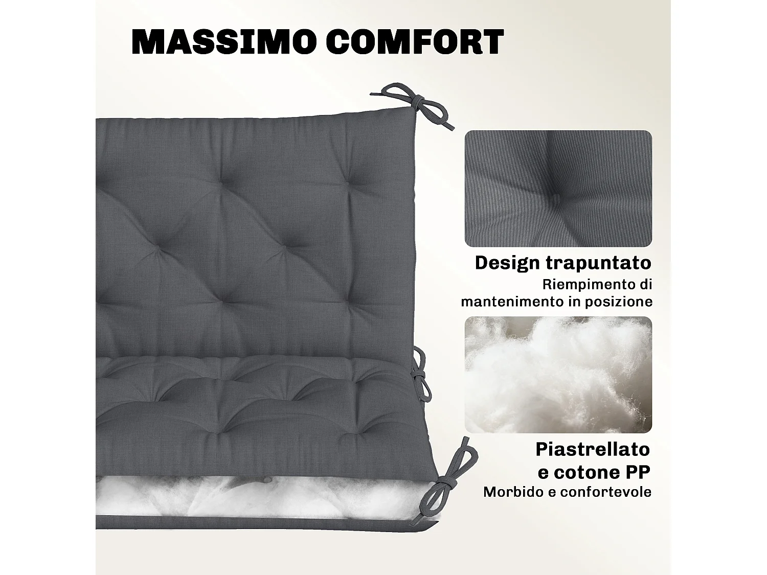 Cuscino da giardino capitonné grigio scuro per 2 persone con 6 lacci