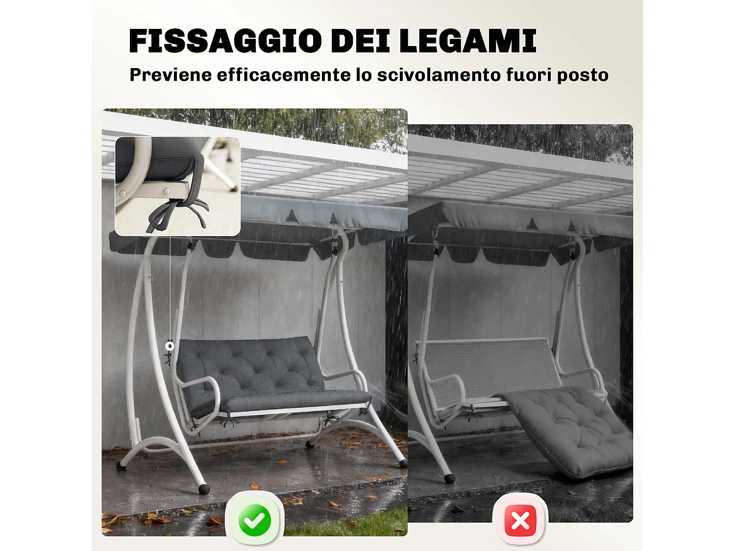 Cuscino da giardino capitonné grigio scuro per 2 persone con 6 lacci