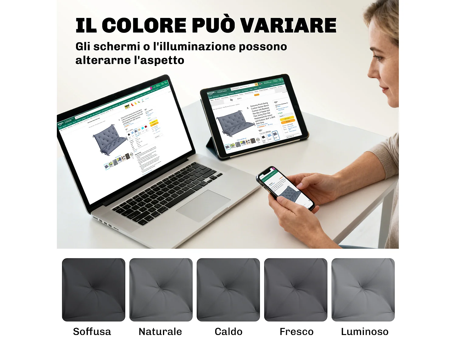 Cuscino da giardino capitonné grigio scuro per 2 persone con 6 lacci