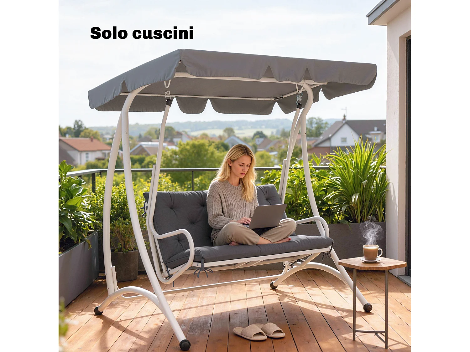 Cuscino da giardino capitonné grigio scuro per 2 persone con 6 lacci