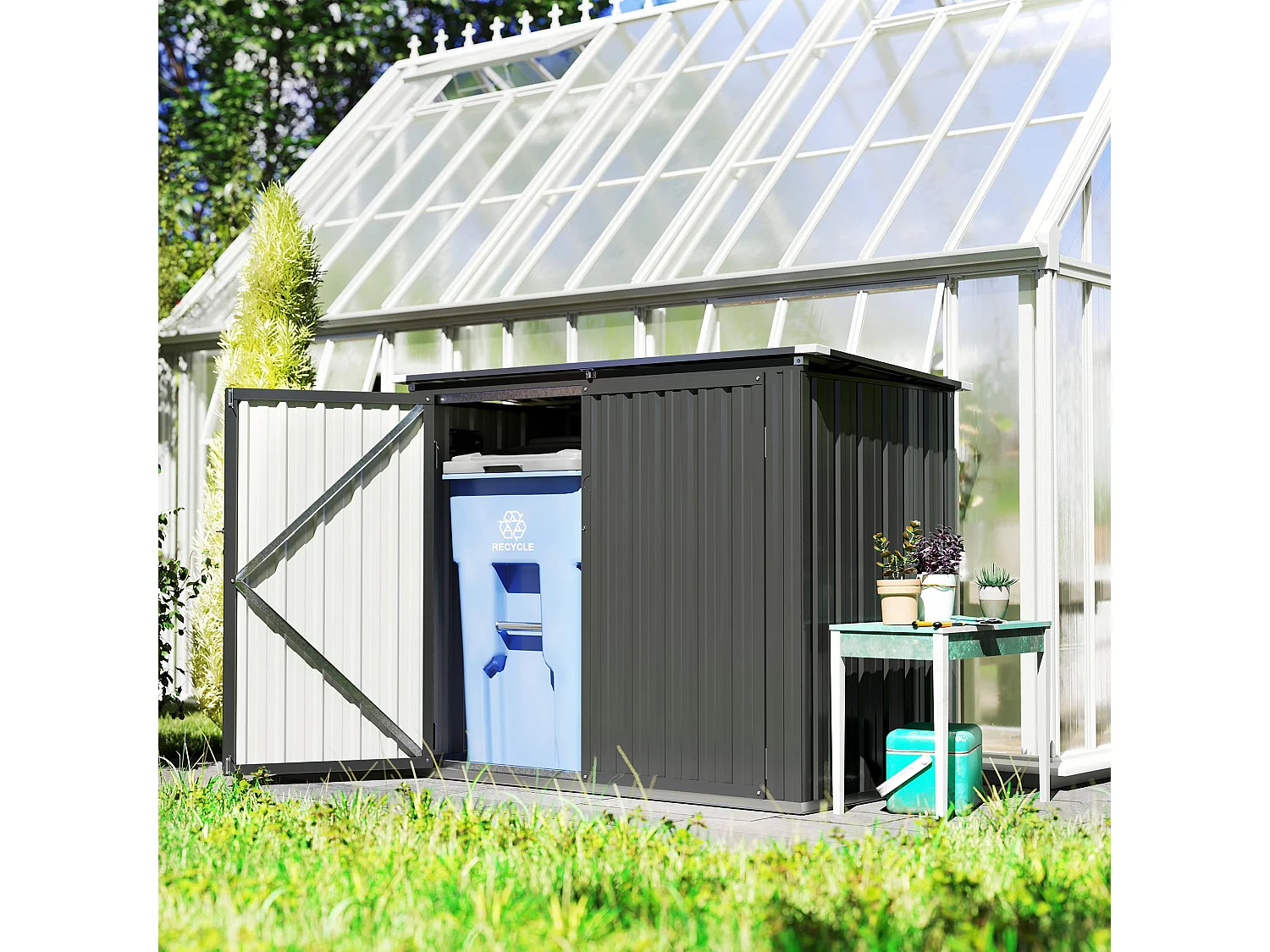 Casetta copri bidoni con tetto apribile in acciaio zincato grigio