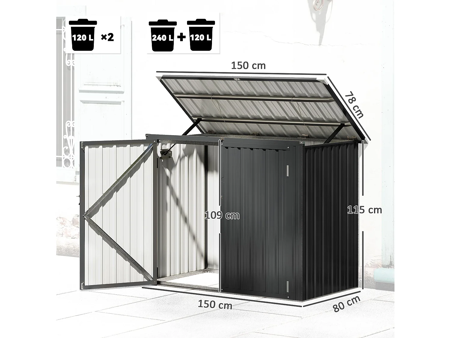 Casetta copri bidoni con tetto apribile in acciaio zincato grigio