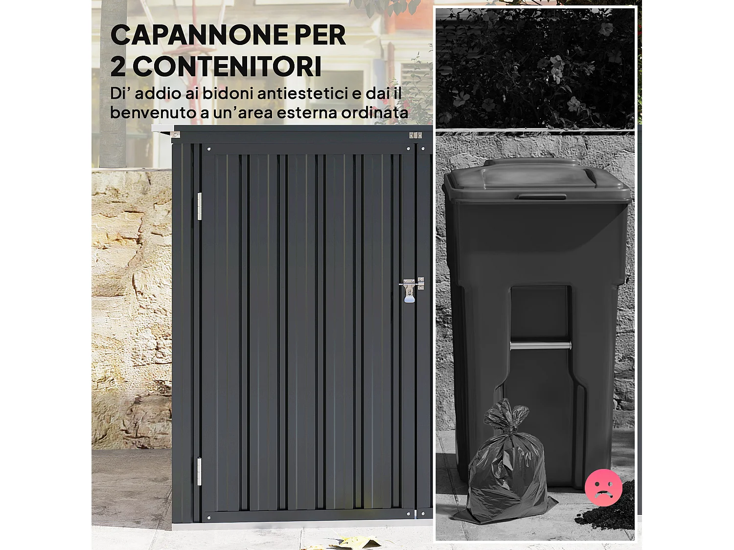 Casetta copri bidoni con tetto apribile in acciaio zincato grigio