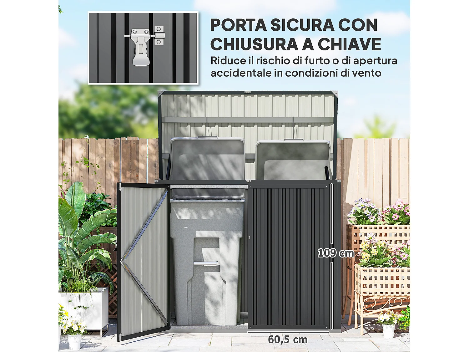 Casetta copri bidoni con tetto apribile in acciaio zincato grigio