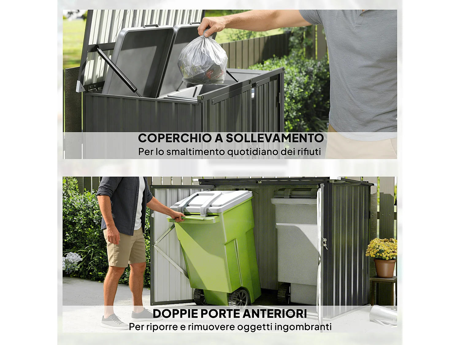 Casetta copri bidoni con tetto apribile in acciaio zincato grigio