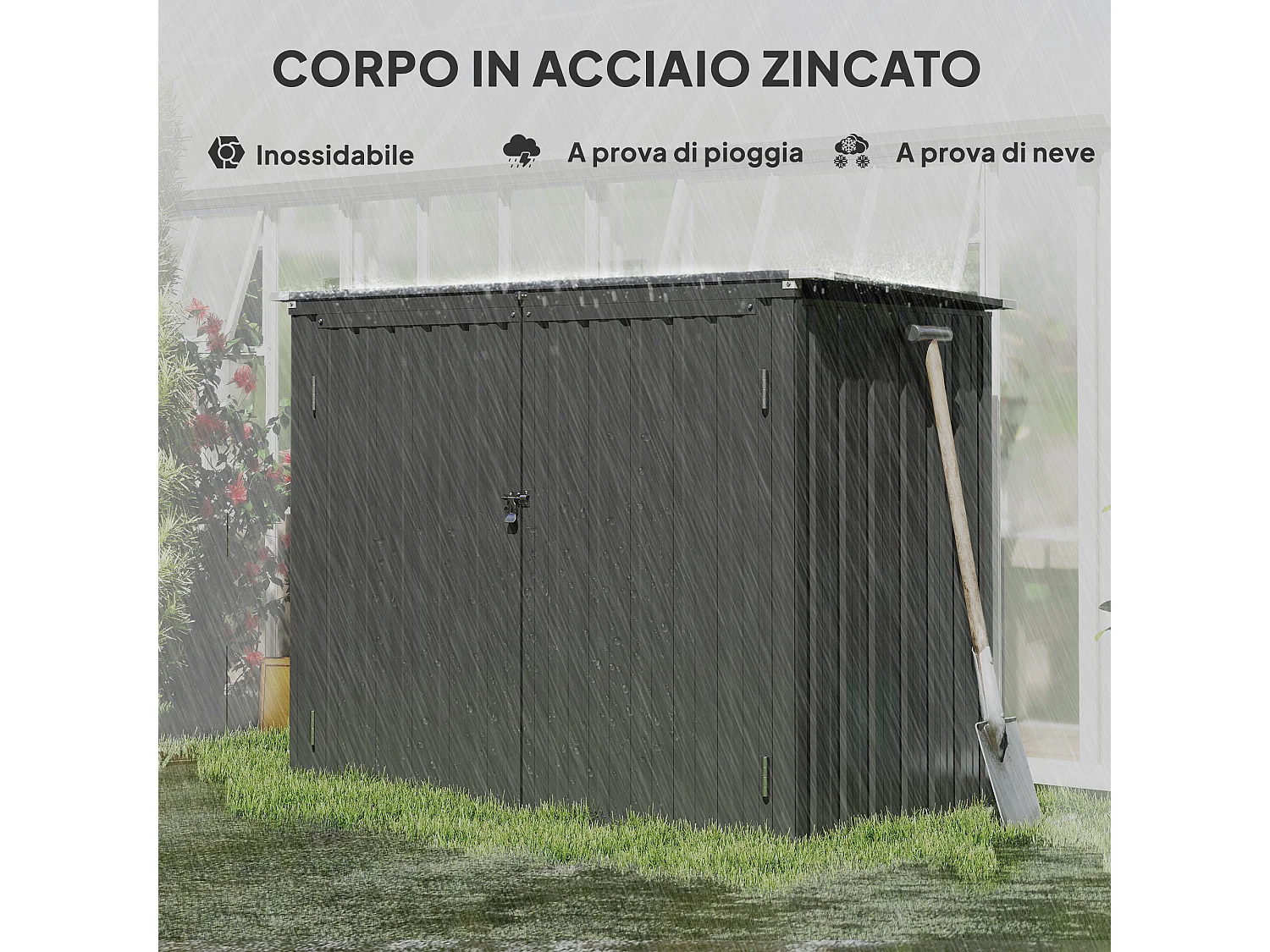 Casetta copri bidoni con tetto apribile in acciaio zincato grigio