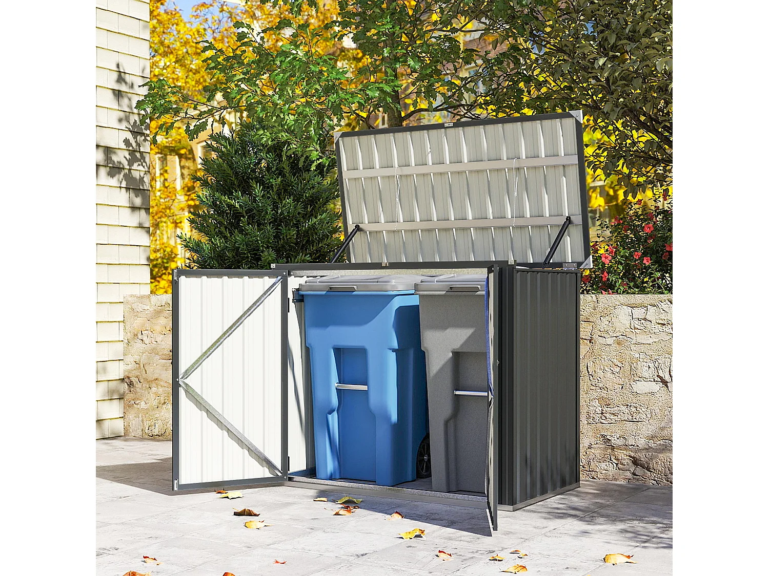 Casetta copri bidoni con tetto apribile in acciaio zincato grigio