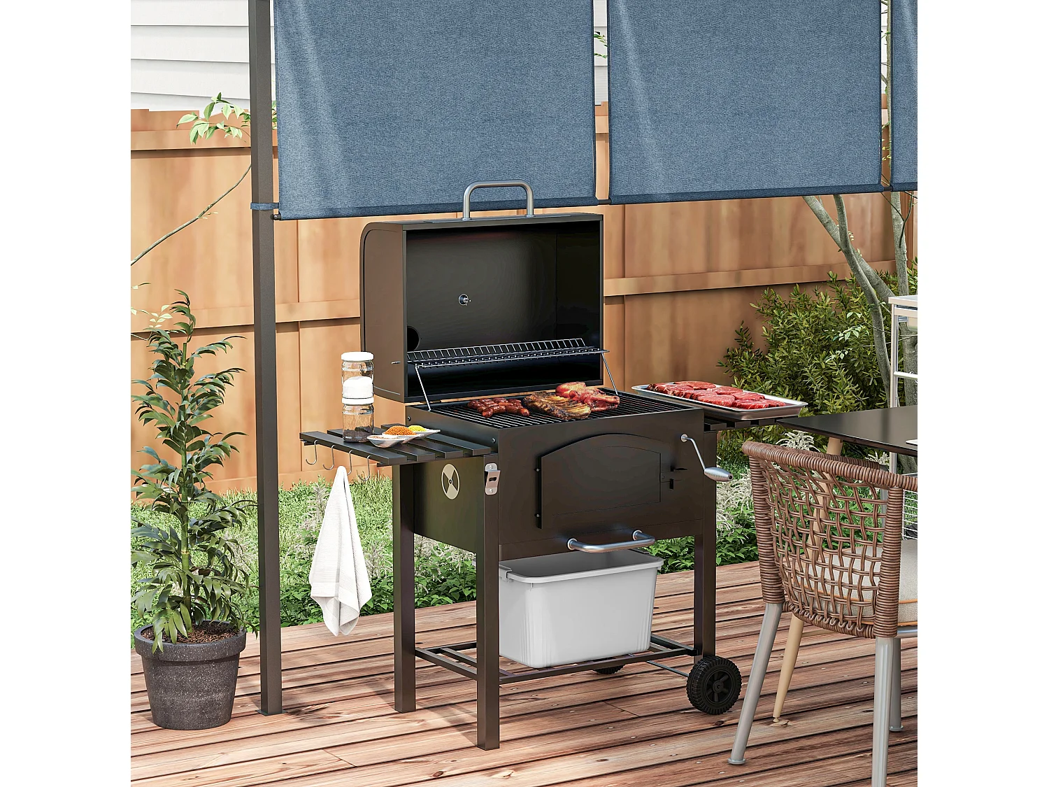 Barbecue da giardino a 2 ruote in metallo e ghisa 124x66x112 cm nero