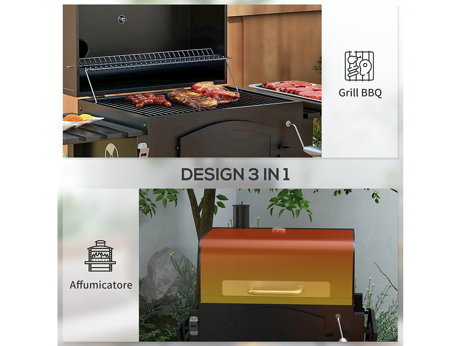 Barbecue da giardino a 2 ruote in metallo e ghisa 124x66x112 cm nero