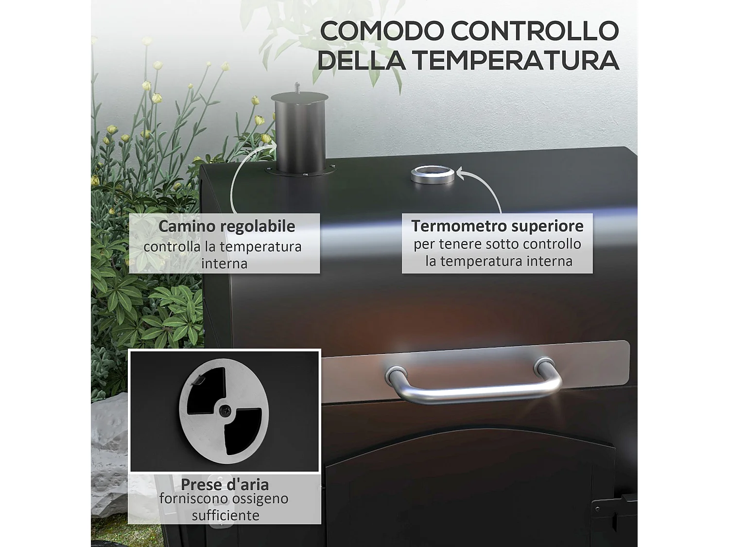 Barbecue da giardino a 2 ruote in metallo e ghisa 124x66x112 cm nero