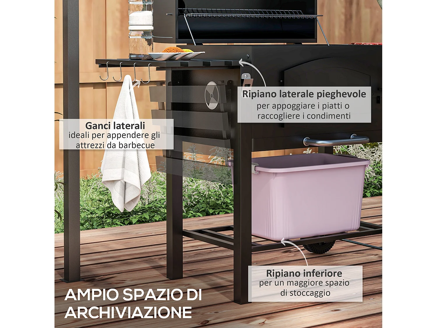 Barbecue da giardino a 2 ruote in metallo e ghisa 124x66x112 cm nero