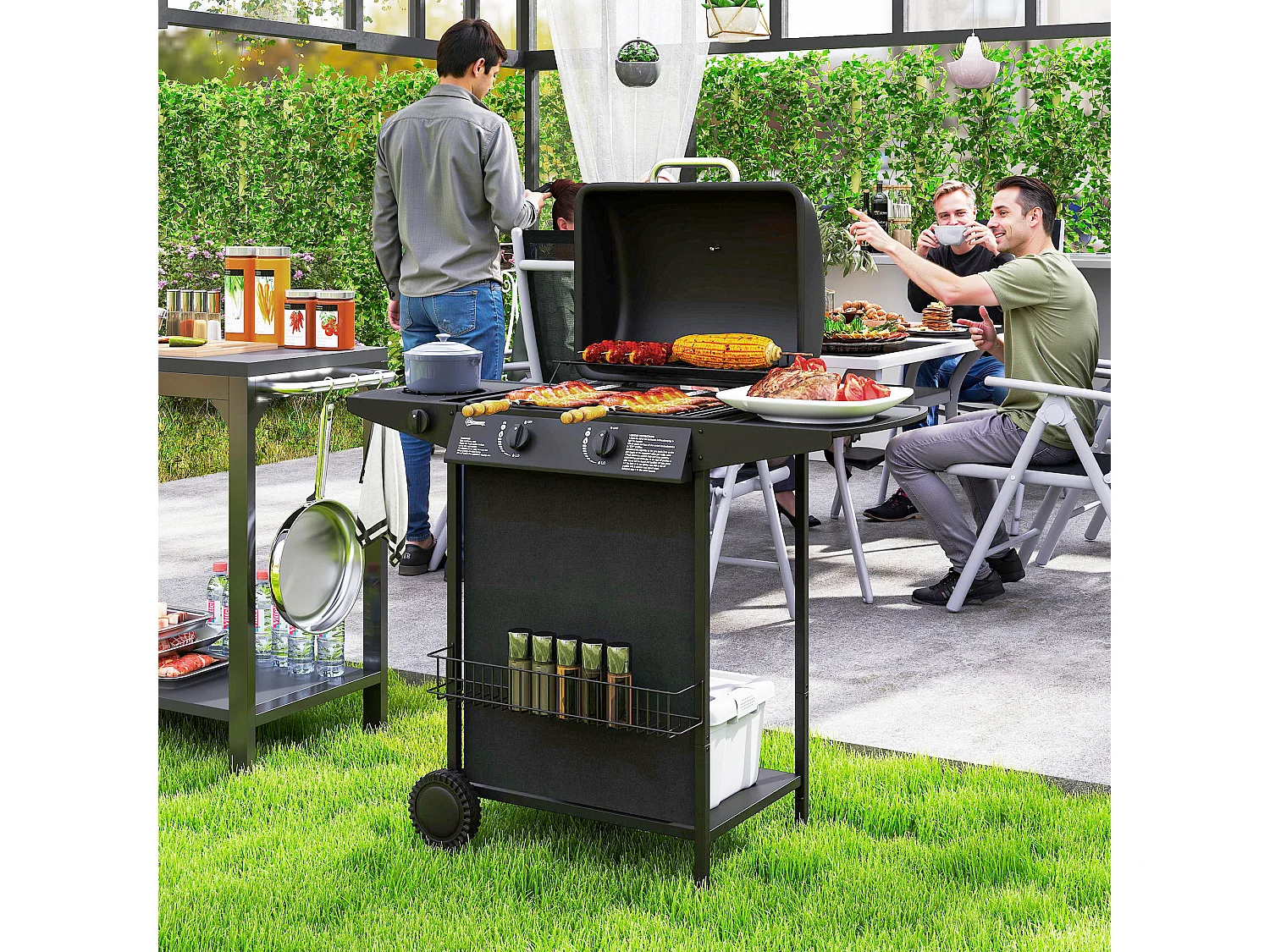 Barbecue a gas con coperchio ruote e 3 bruciatori nero