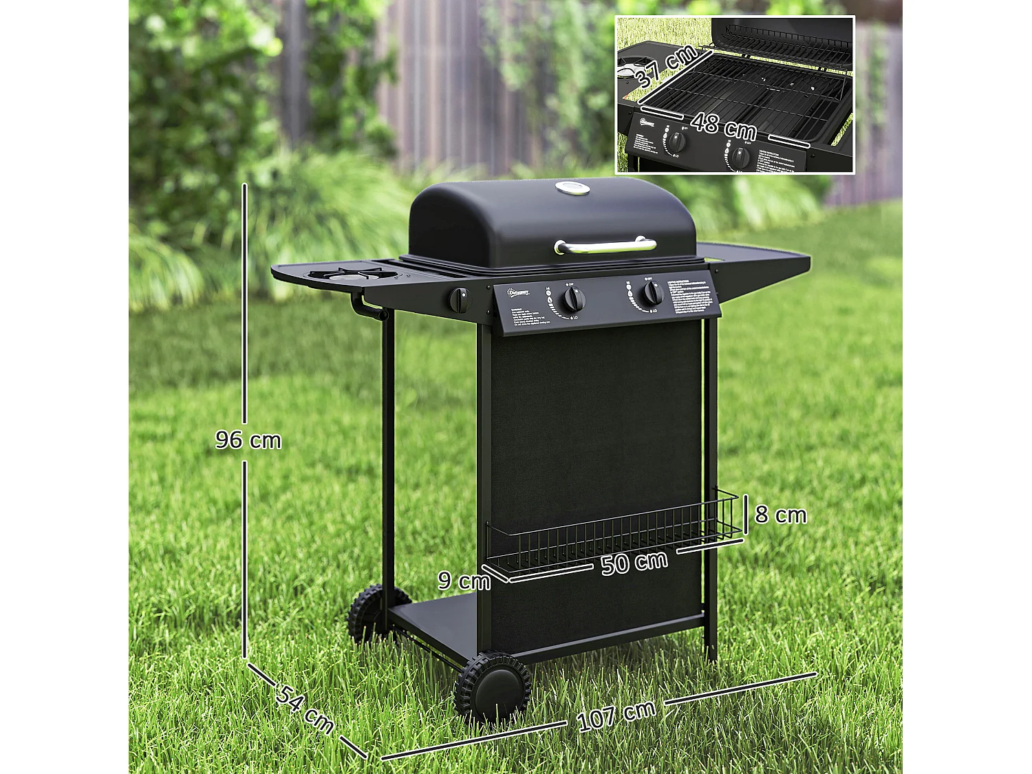 Barbecue a gas con coperchio ruote e 3 bruciatori nero