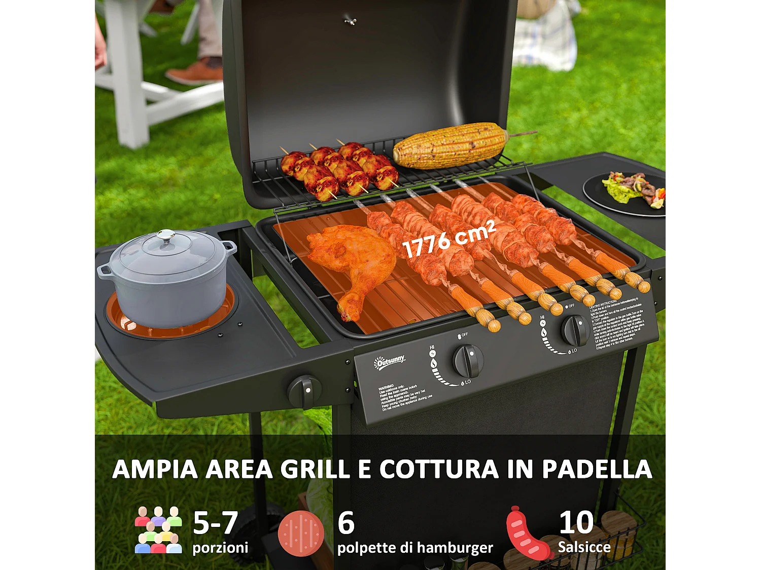 Barbecue a gas con coperchio ruote e 3 bruciatori nero