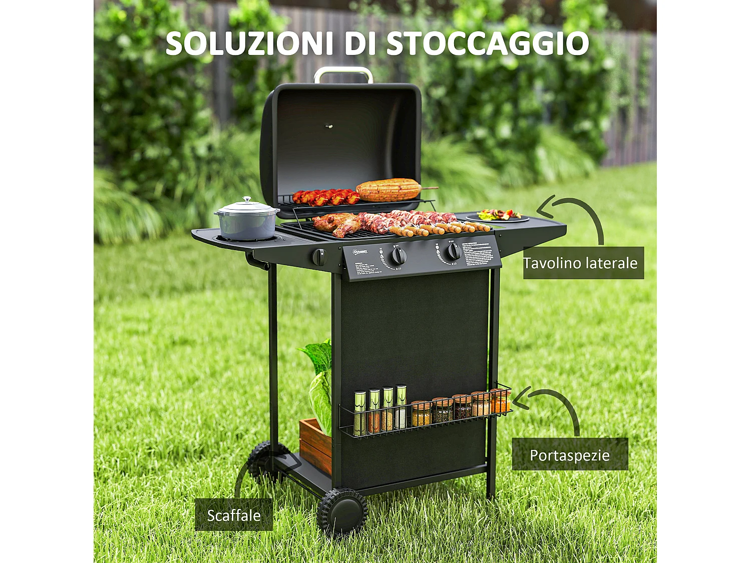 Barbecue a gas con coperchio ruote e 3 bruciatori nero