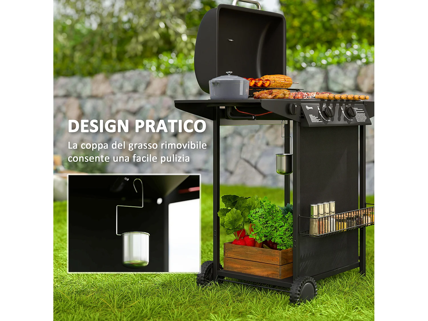 Barbecue a gas con coperchio ruote e 3 bruciatori nero