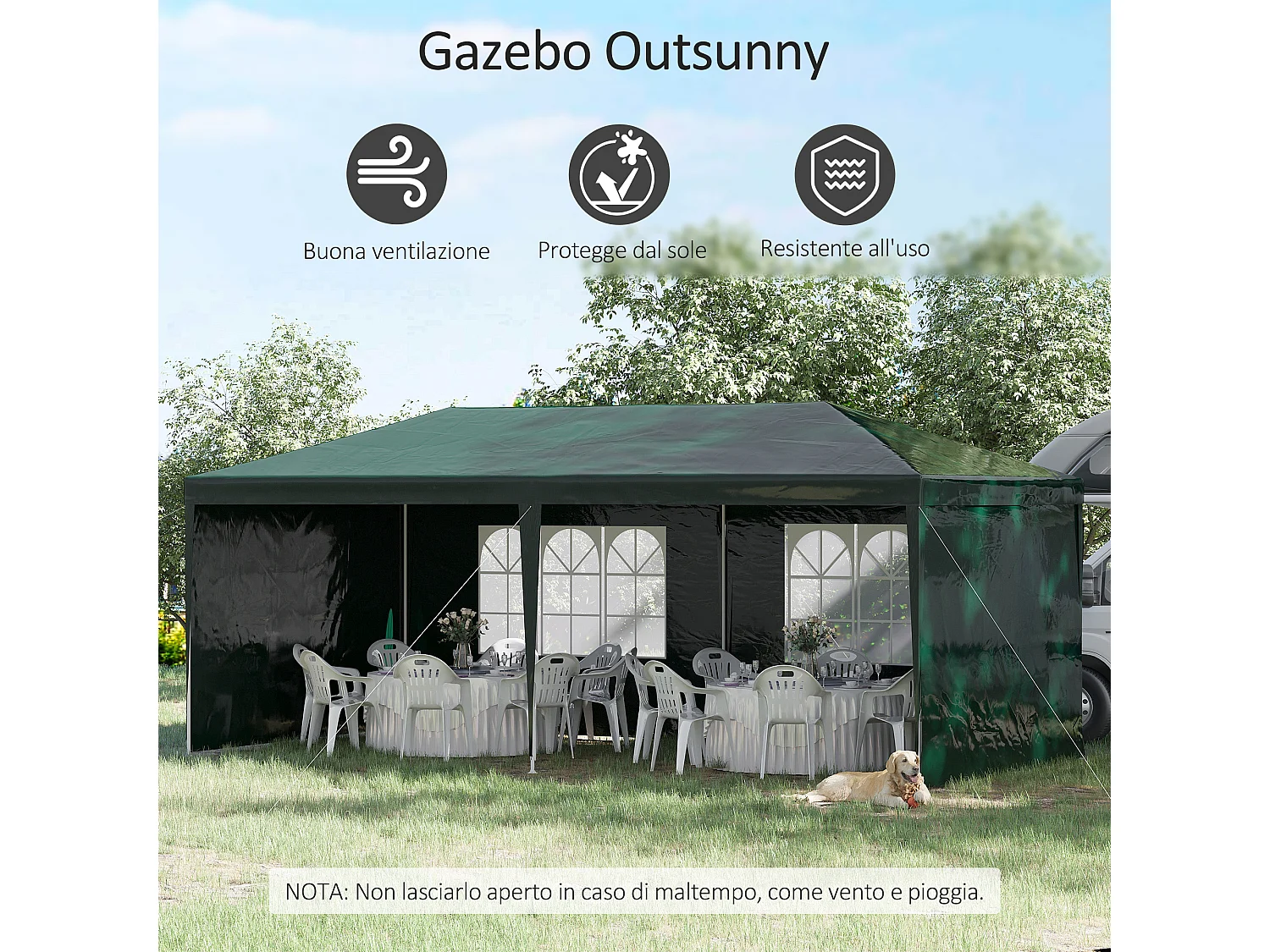 Gazebo da giardino 6x3m con pareti e finestre verde