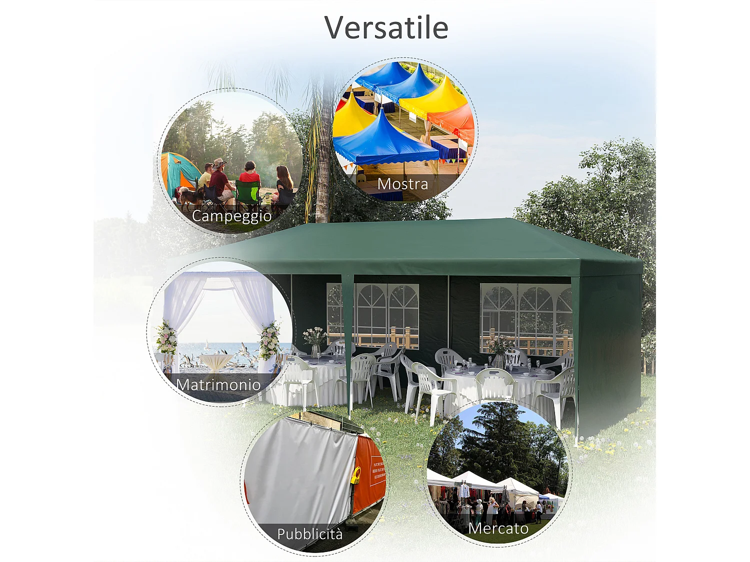 Gazebo da giardino 6x3m con pareti e finestre verde