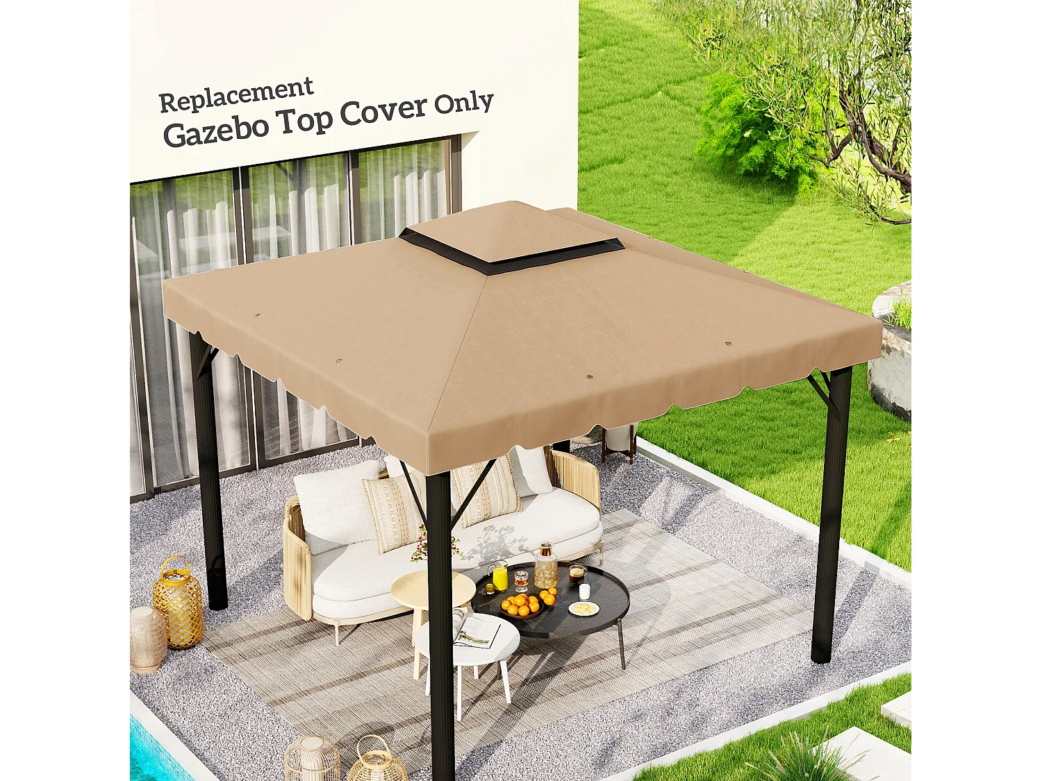 Tetto per gazebo 3x3 m con tetto a 2 livelli in poliestere cachi