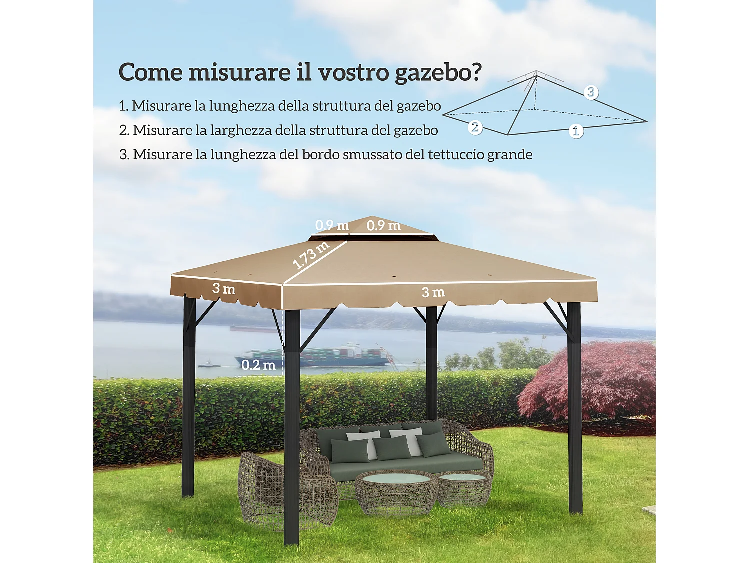 Tetto per gazebo 3x3 m con tetto a 2 livelli in poliestere cachi