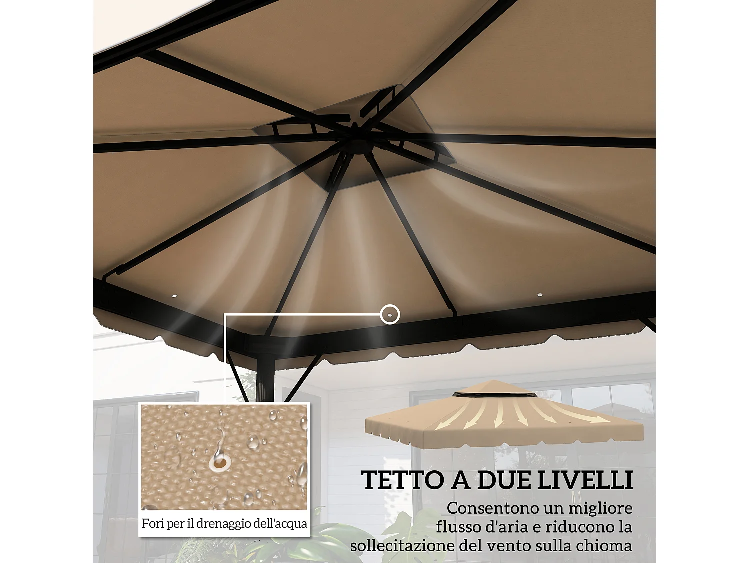 Tetto per gazebo 3x3 m con tetto a 2 livelli in poliestere cachi