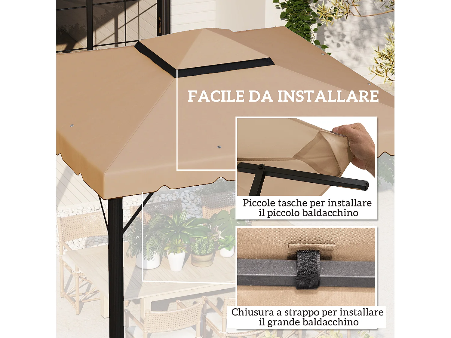 Tetto per gazebo 3x3 m con tetto a 2 livelli in poliestere cachi