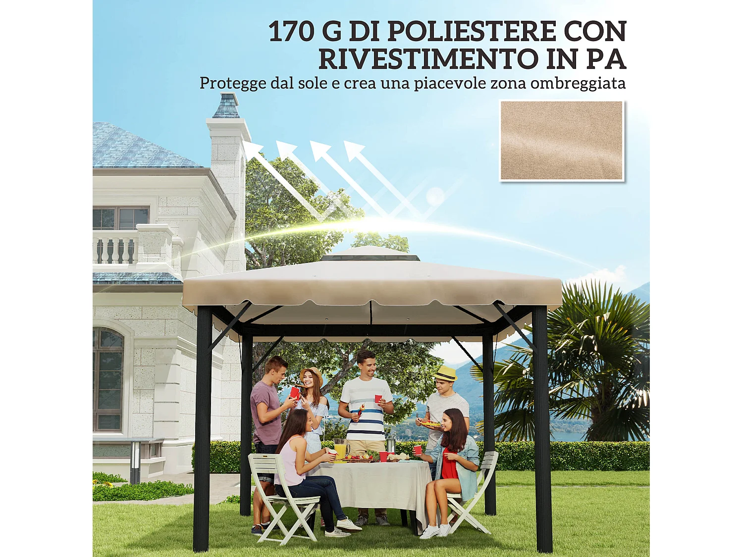 Tetto per gazebo 3x3 m con tetto a 2 livelli in poliestere cachi