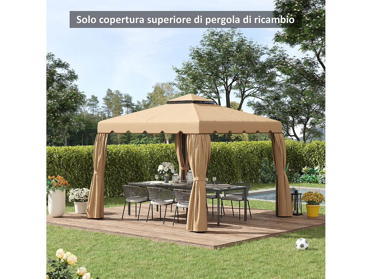 Tetto per gazebo 3x3 m con tetto a 2 livelli in poliestere cachi
