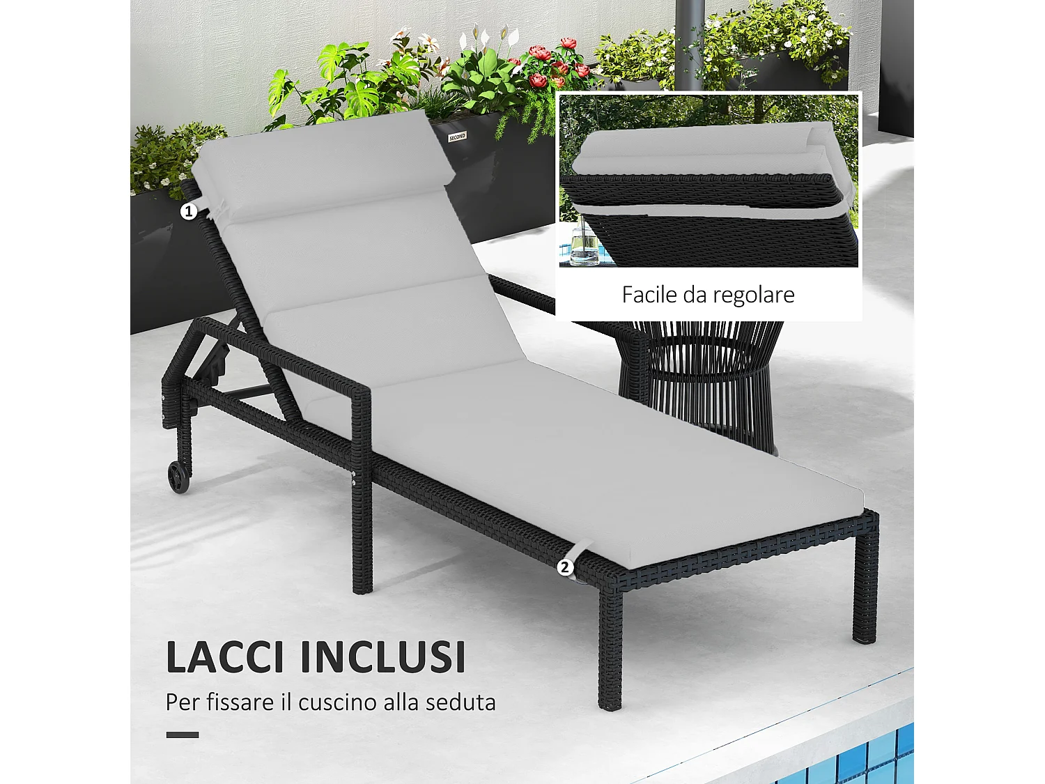 Cuscino per lettino prendisole imbottito con lacci, grigio chiaro