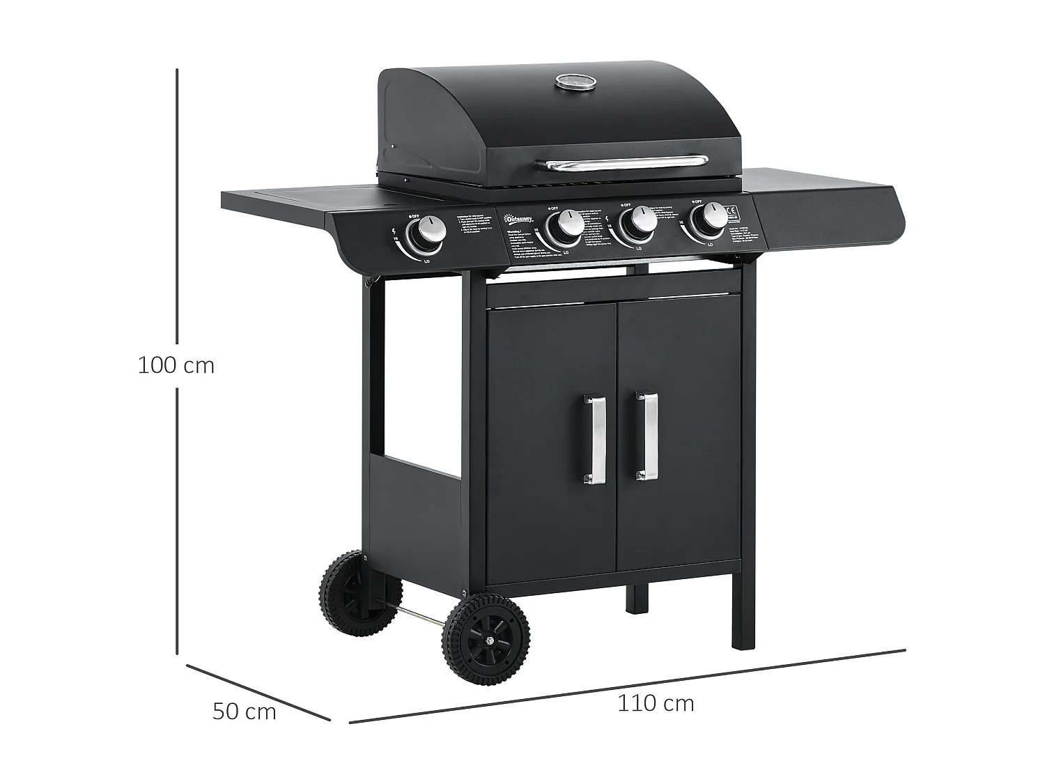 Barbecue a gas con coperchio e fornello laterale a 2 ruote