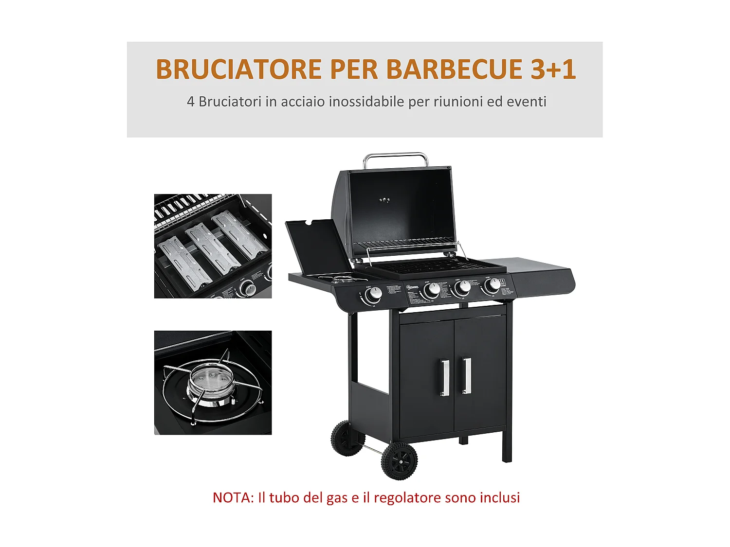 Barbecue a gas con coperchio e fornello laterale a 2 ruote