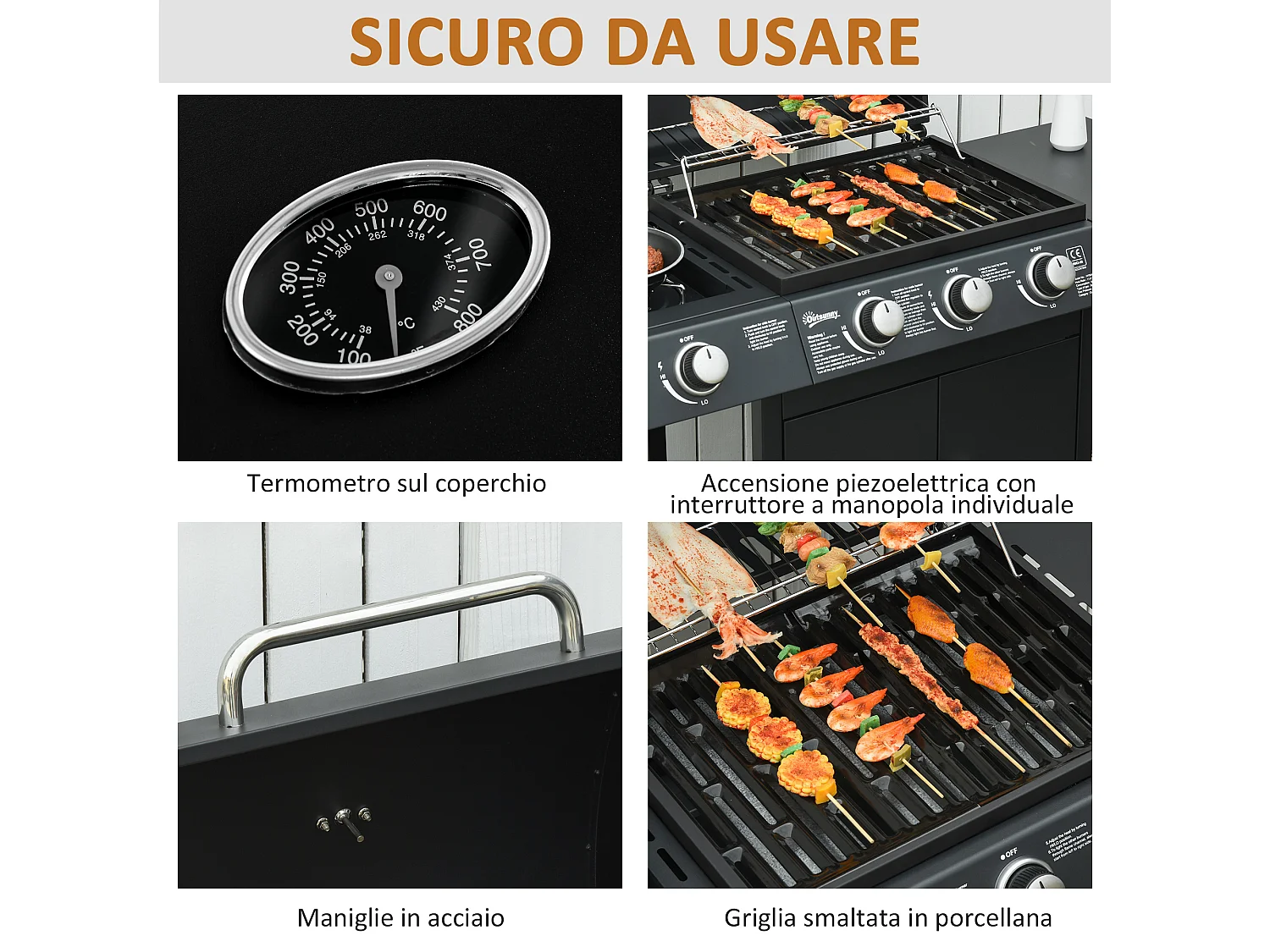 Barbecue a gas con coperchio e fornello laterale a 2 ruote