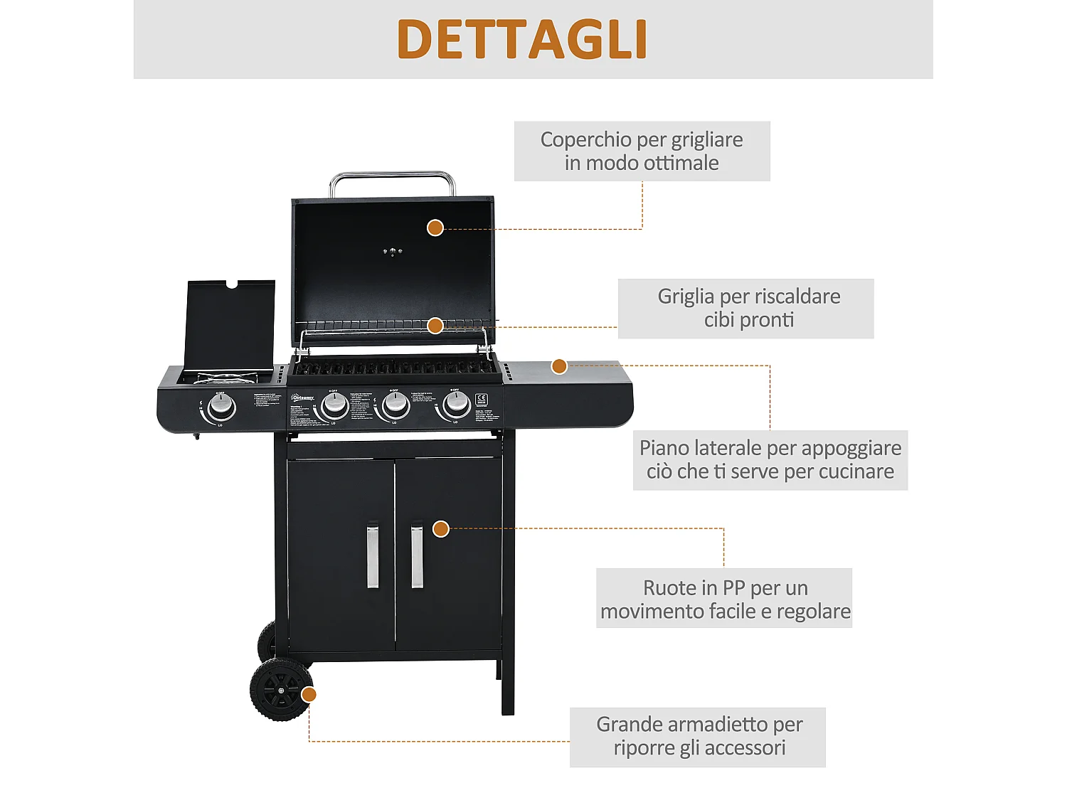 Barbecue a gas con coperchio e fornello laterale a 2 ruote