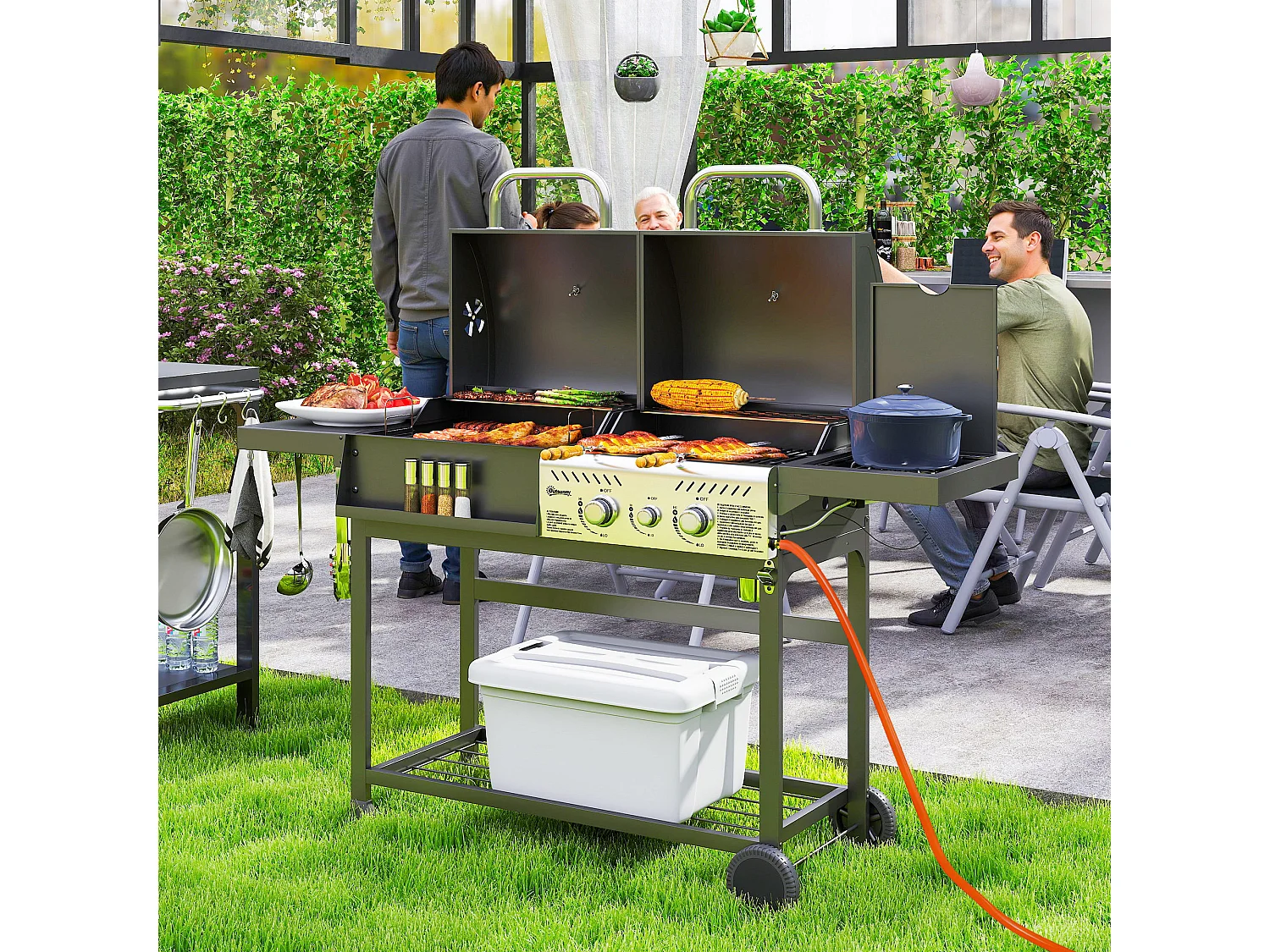 Barbecue a carbone e gas con coperchio con termometro nero