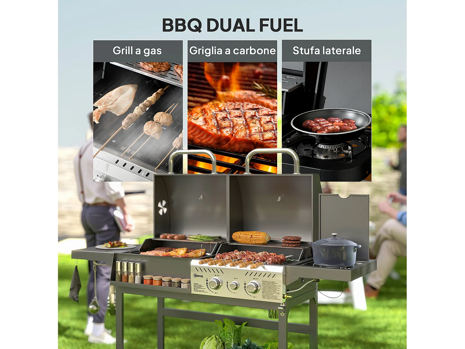 Barbecue a carbone e gas con coperchio con termometro nero