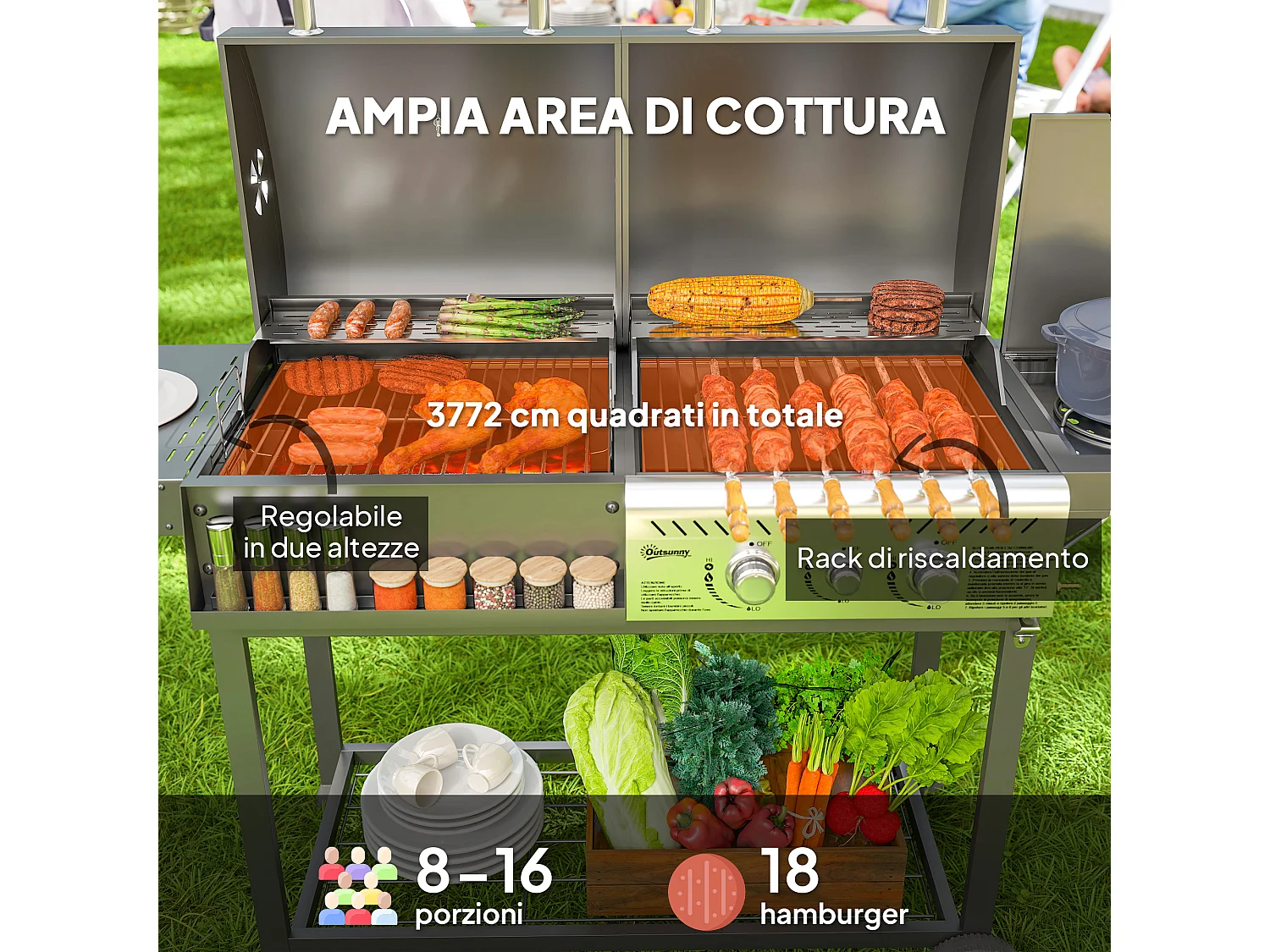 Barbecue a carbone e gas con coperchio con termometro nero