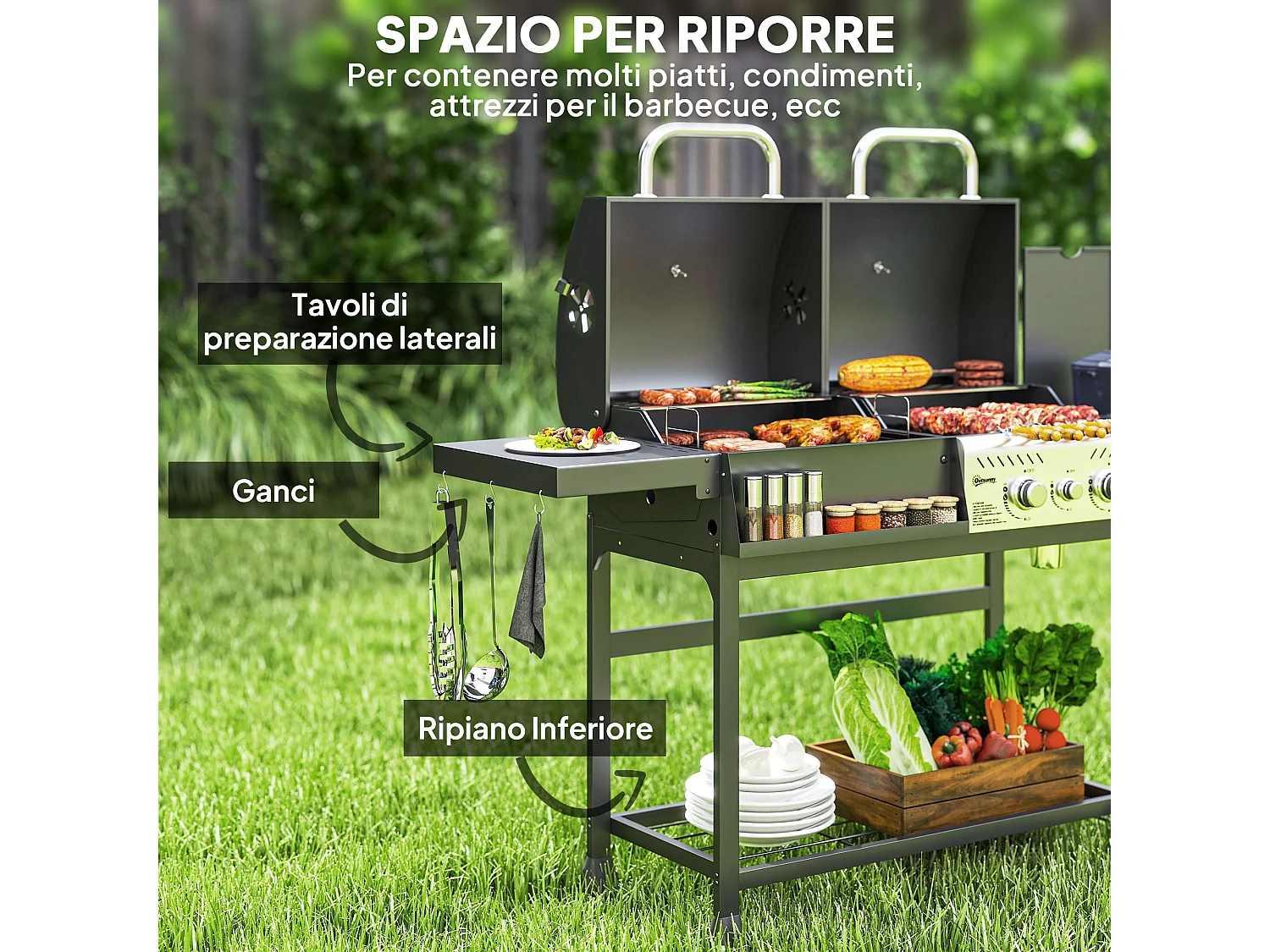 Barbecue a carbone e gas con coperchio con termometro nero