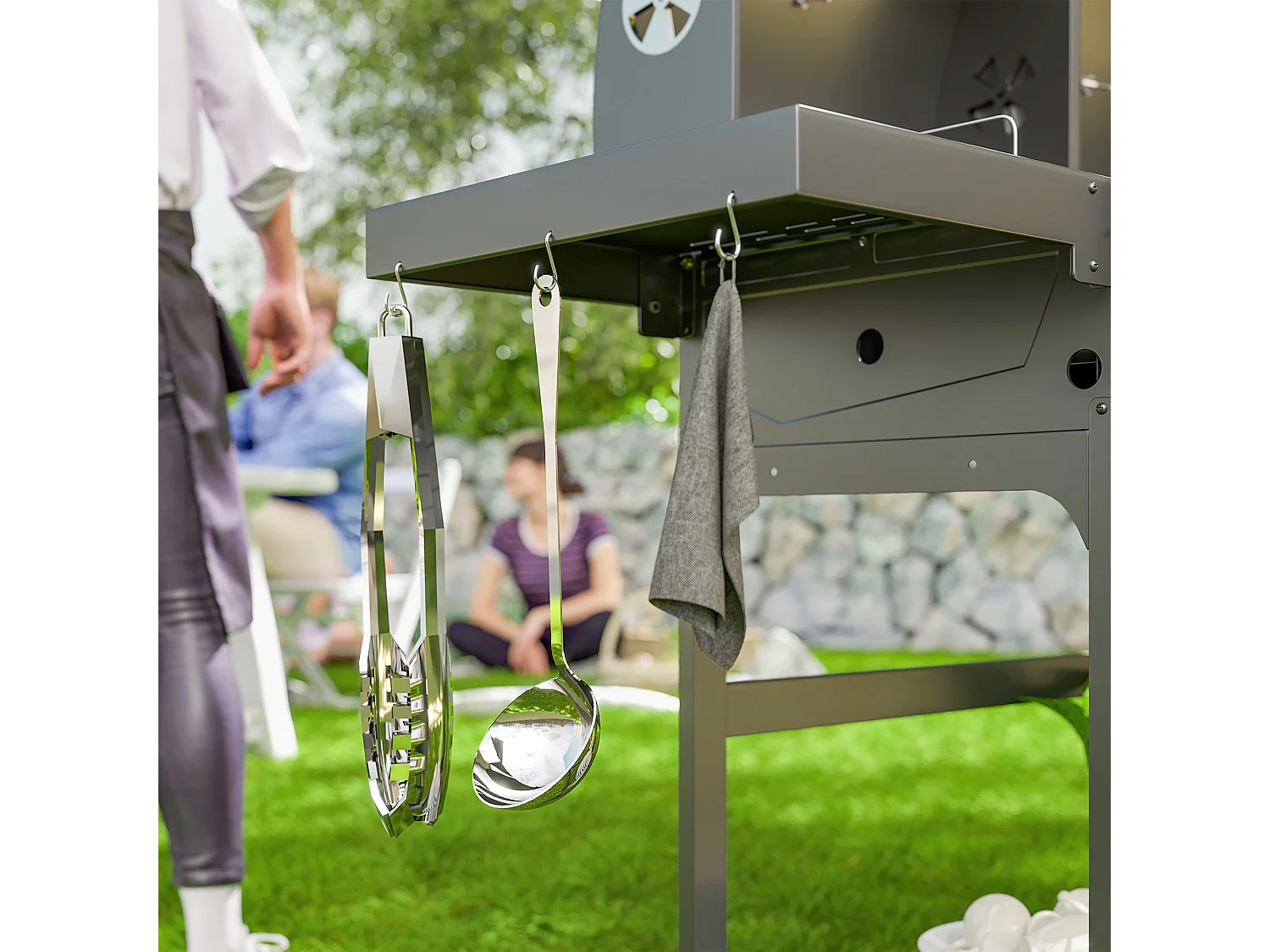 Barbecue a carbone e gas con coperchio con termometro nero