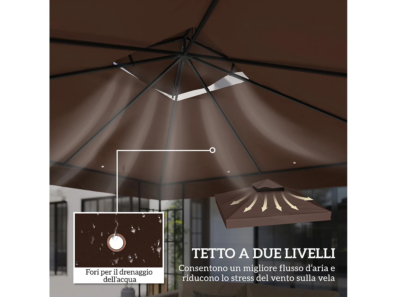 Copertura per gazebo da giardino 3x3 upf30+ a 2 livelli caffè
