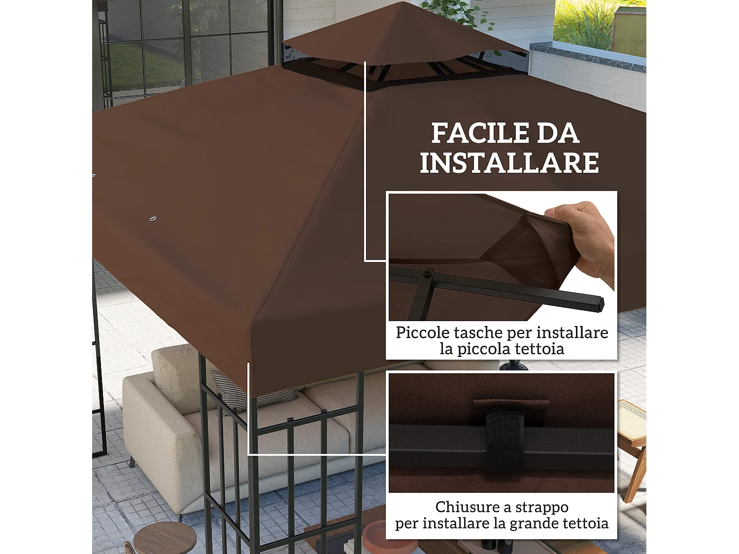 Copertura per gazebo da giardino 3x3 upf30+ a 2 livelli caffè