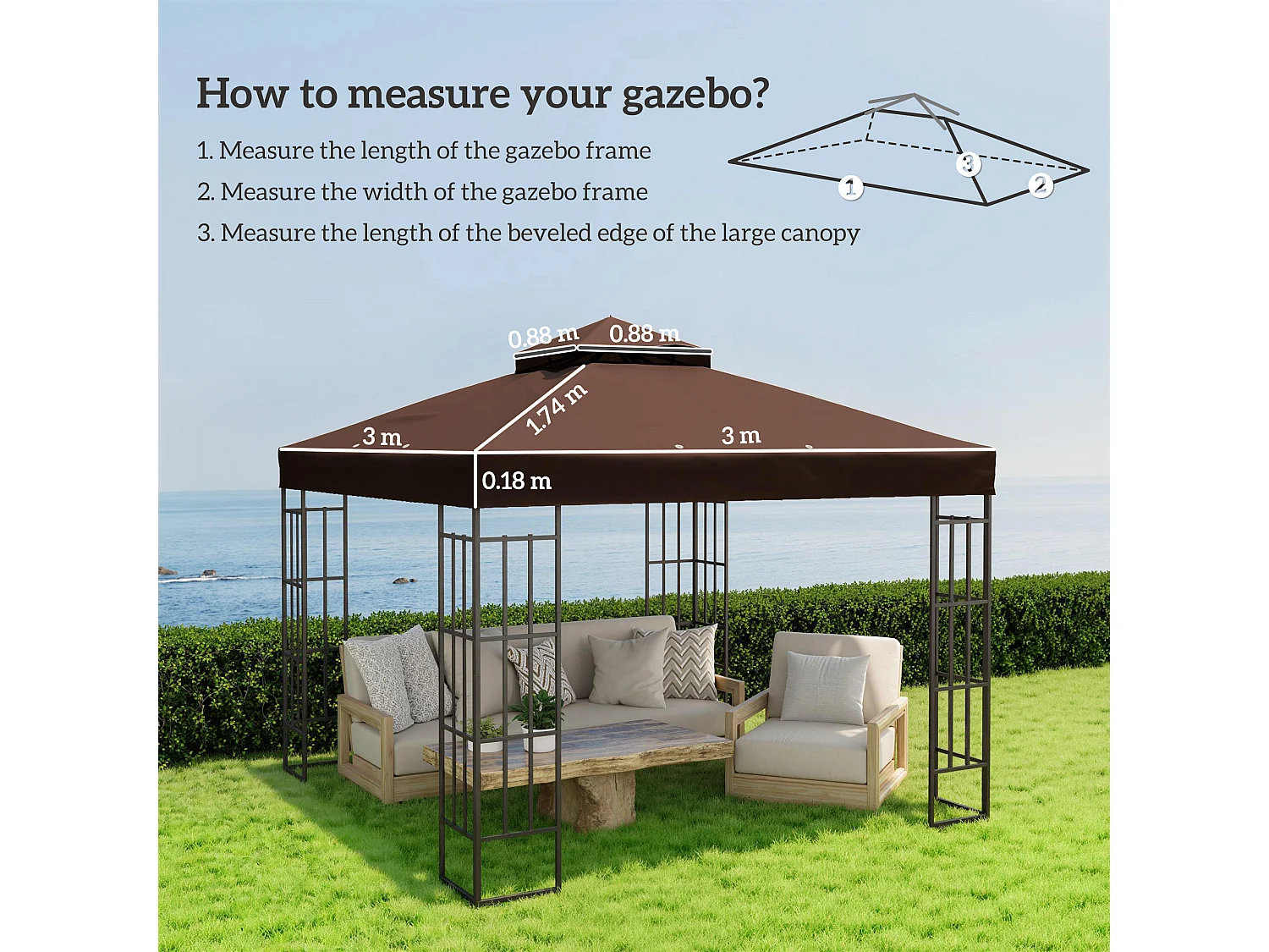 Copertura per gazebo da giardino 3x3 upf30+ a 2 livelli caffè