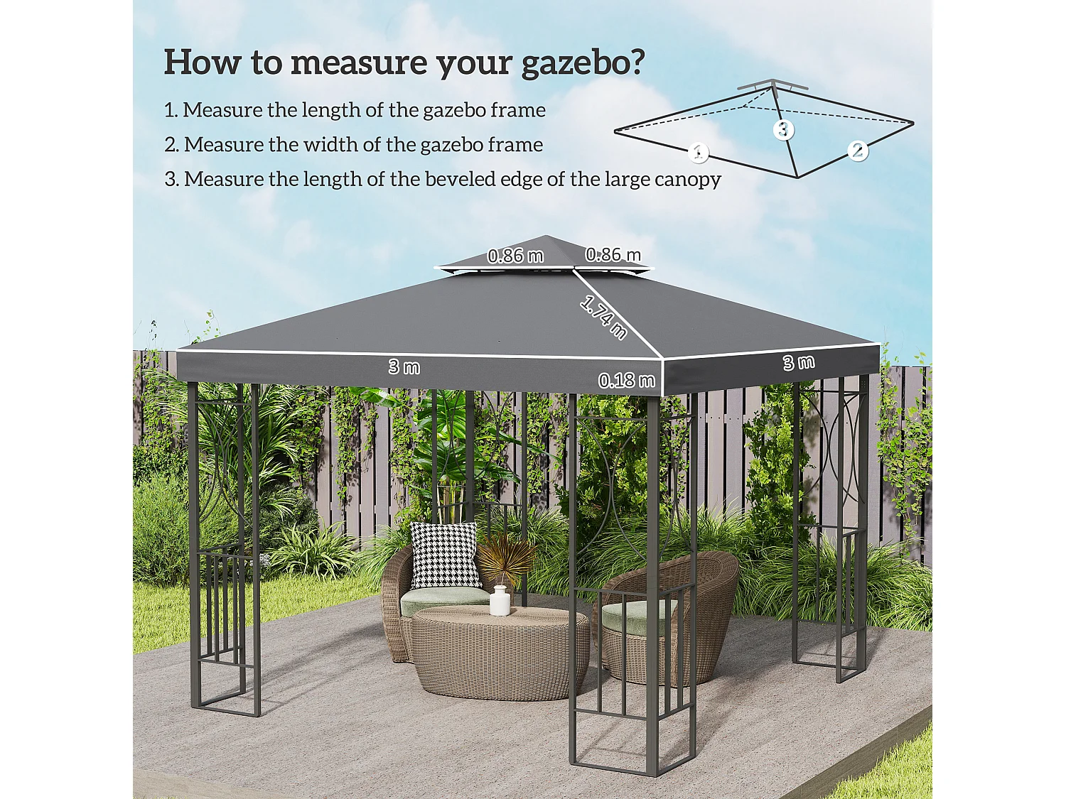 Tettuccio di ricambio per gazebo 3x3m a 2 livelli grigio scuro