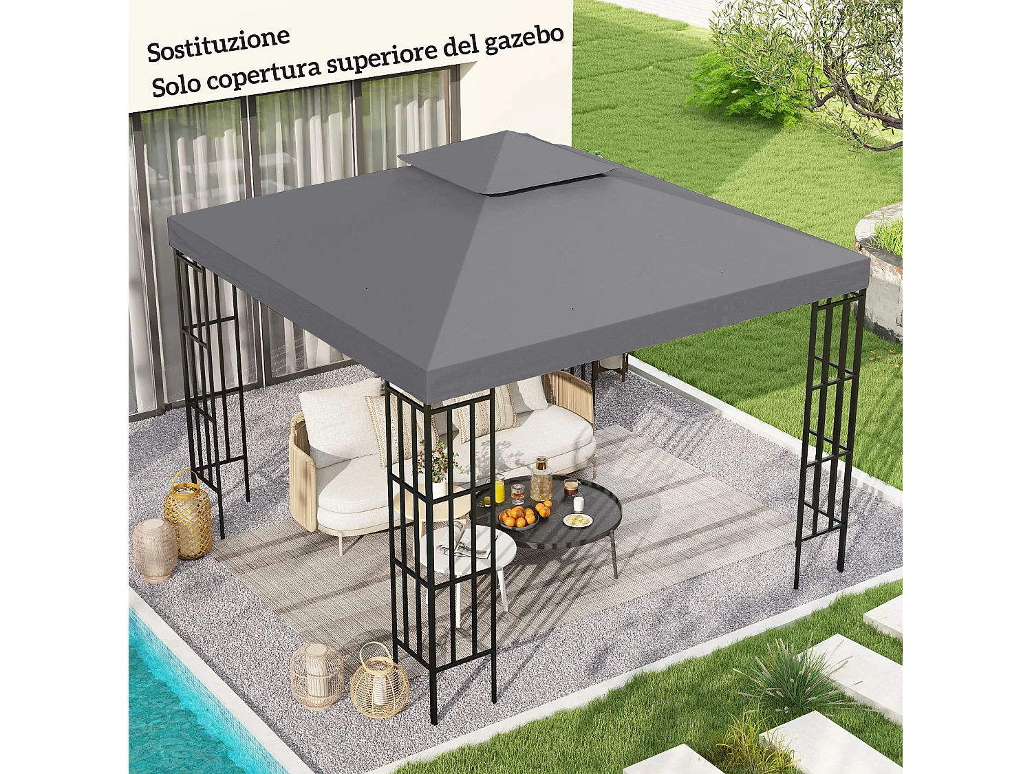 Tettuccio di ricambio per gazebo 3x3m a 2 livelli grigio scuro