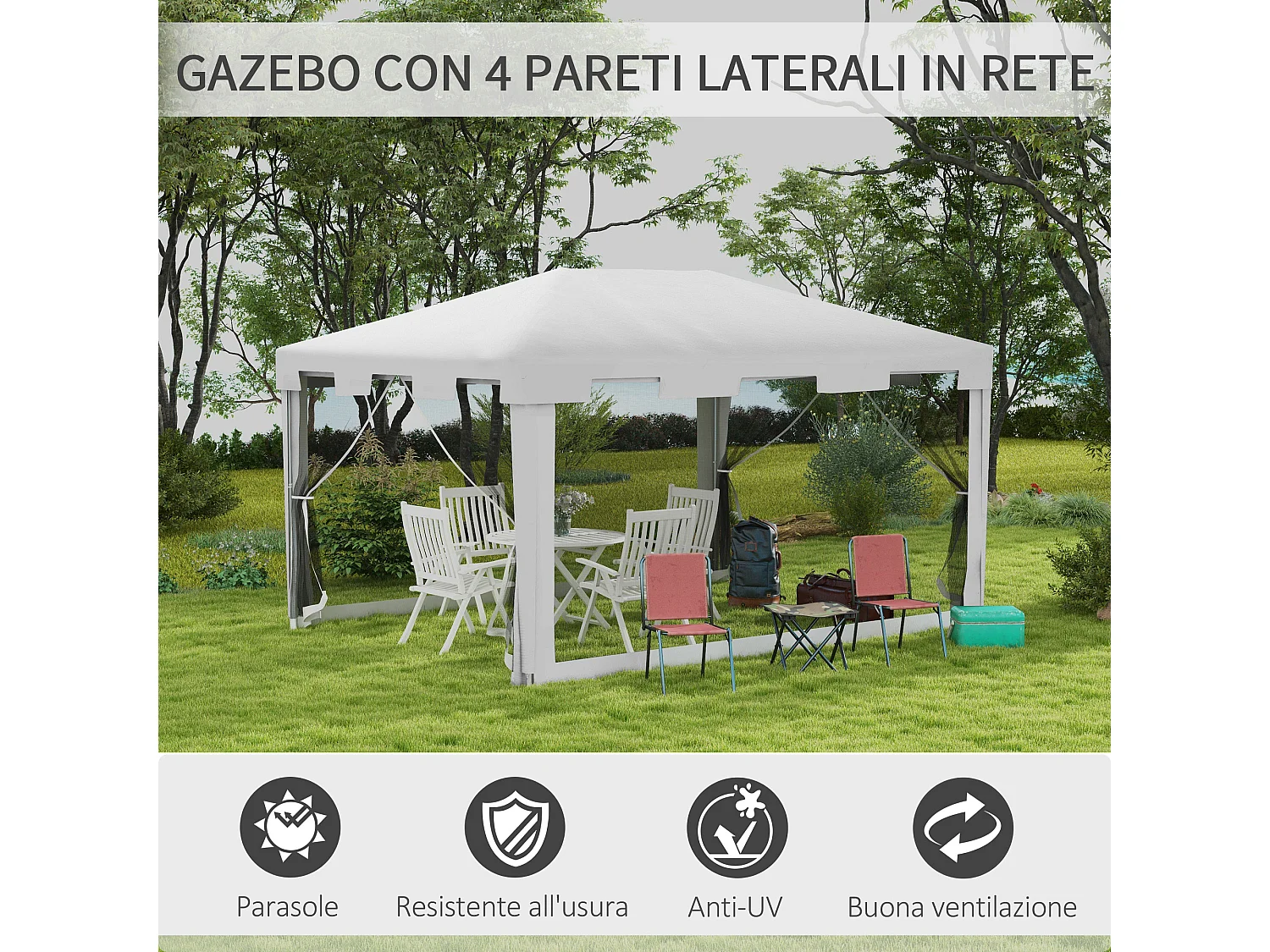 Gazebo da giardino 4x3 m in metallo e pe bianco e nero