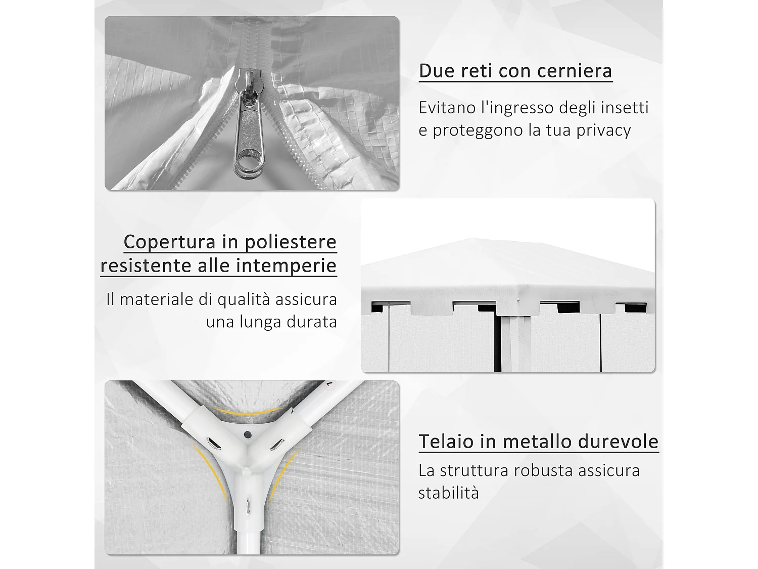 Gazebo da giardino 4x3 m in metallo e pe bianco e nero