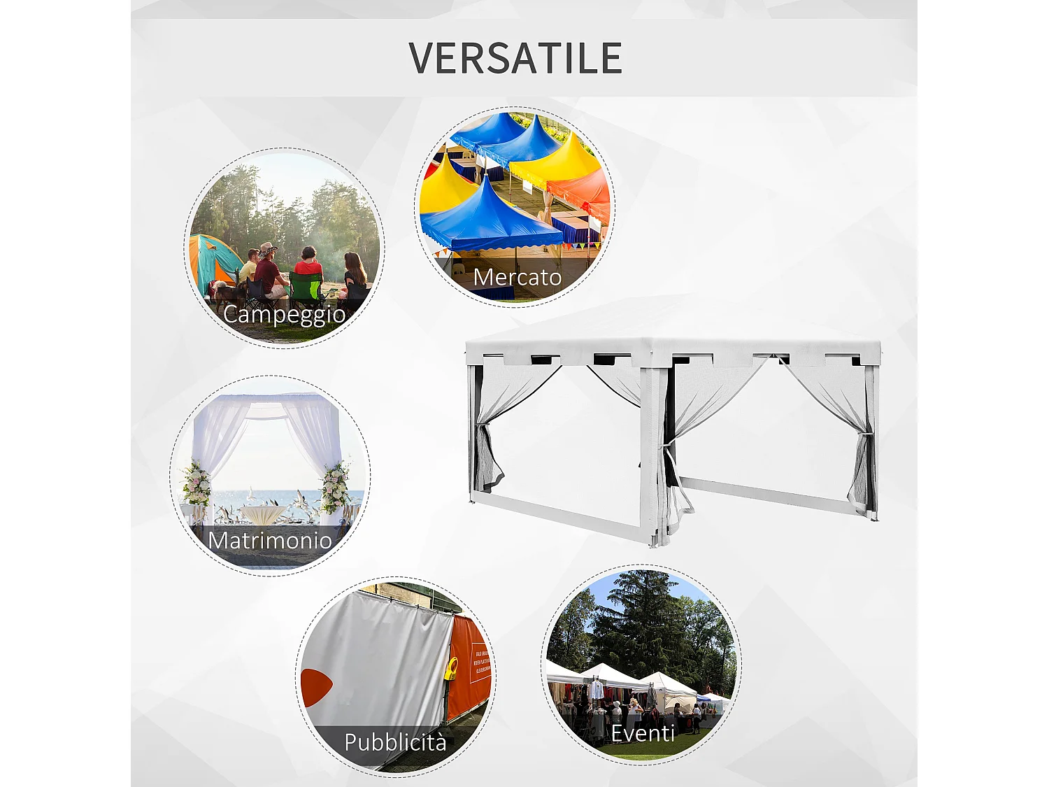 Gazebo da giardino 4x3 m in metallo e pe bianco e nero